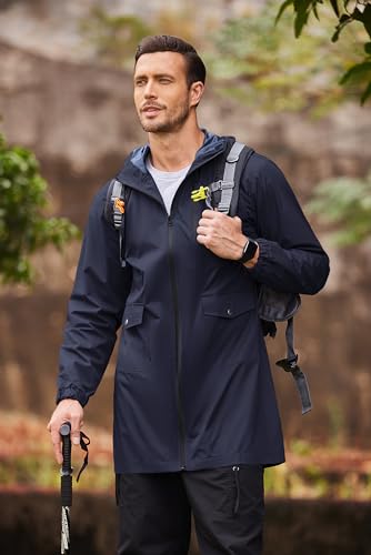 COOFANDY Men's Long Raincoat Ligtweight Rain Jacket Waterproof Outdoor Jackets with Hood - color: Navy Blue, size: Medium