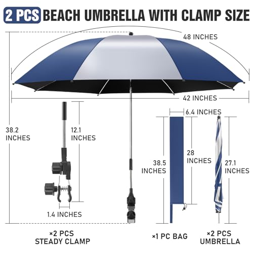 2 Pack Beach Umbrella with 360 Universal Clamp, UPF50+ Umbrella Outdoor Patio Sun Protection for Chairs, Beach &Patio Use (Not Include Chair) - color: Ink Blue/Silvery
