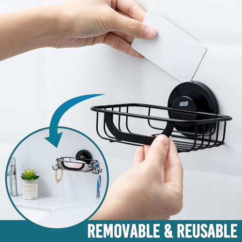 TAILI Soap Holder, Soap Dish Suction Cup with Hooks, Stainless Steel, Black | Soap Dish for Shower, Bathroom Bar soap holder Shower Wall, Stainless Steel Sponge Holder for Tub Kitchen - color: Black