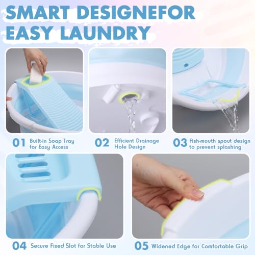 Lounsweer Large Collapsible Washboard Basin for Hand Washing Clothes with 2 Cleaning Brushes Portable Folding Laundry Tub with Non-Slip Washtub for Home Travel Camping (Blue) - color: Blue