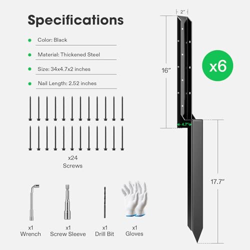 VIVOSUN 6 Pack Fence Post Repair Kit | Heavy-Duty Ground Spike with Gloves for Repairing Tilted or Broken Wood Posts
