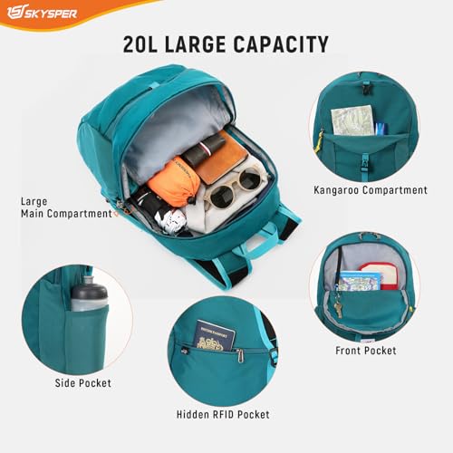 SKYSPER Small Packable Hiking Backpack 20L Anti-theift Travel Daypack | RFID Ultralight Foldable Walking Backpack with Water Bottle Holder, Nylon, Multi-compartment, Everyday Carry for Men Women - color: Cyan