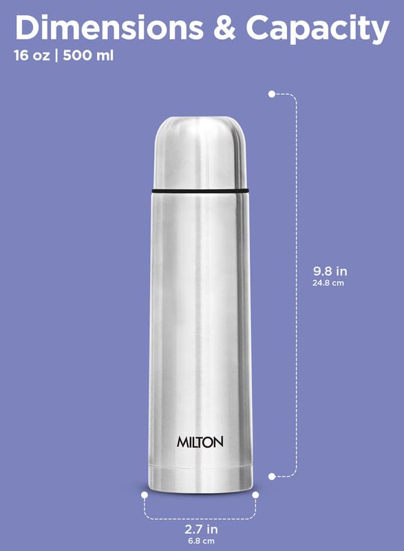 Milton Flask 16 oz Insulated Water Bottle with Cover, Flip Lid, Thermosteel | Stainless Steel, Double Wall Vacuum Insulation, Keeps Drinks Hot & Cold up to 24 Hours, Leak Proof, Silver - size: 16 oz