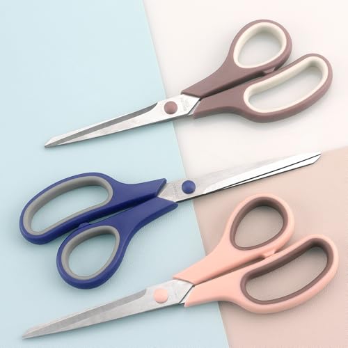 LONGKEY 8.5" Pastel Scissors 3-Pack, Ultra Sharp Stainless Steel - color: Navy Blue, Pink, Brown