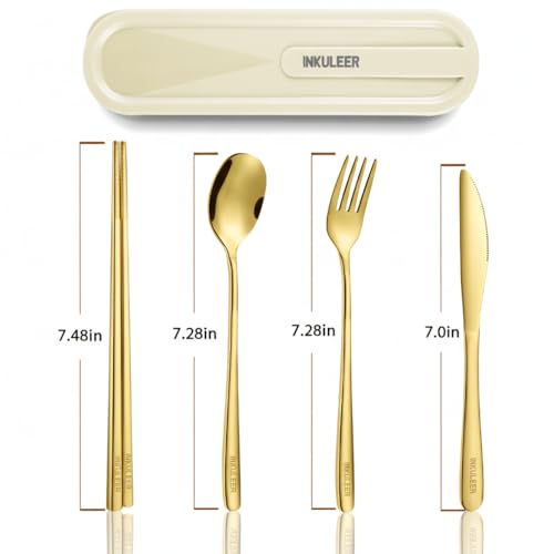 iNKULEER Travel cutlery set, 18/8 stainless steel cutlery, Reusable utensils set with case, Portable Silverware Lunch Box for Camping and Office-Stainless steel - color: Gold