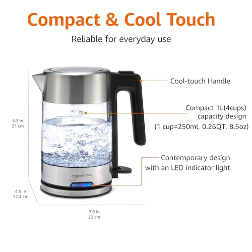 Amazon Basics Electric Kettle with Glass Carafe for Tea and Coffee, Fast Boiling, Auto Shut-Off, Boil-Dry Protection, Temperature Control, Removable Filter, 1 Liter, 1500W, BPA-Free - size: 1.1 Quarts, style: Glass Carafe