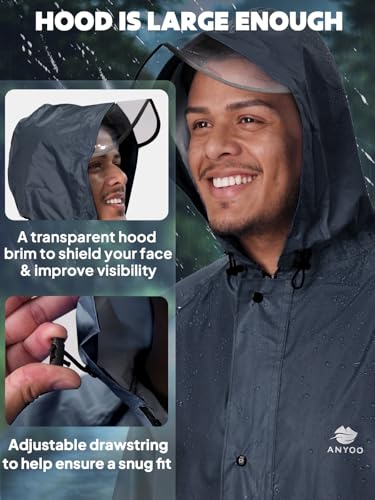 ANYOO Waterproof Raincoat Men Women Packable Hooded Reflective Pockets | Adjustable drawstrings & cuffs for windproof fit，breathable material, non-sticky comfort for all-day wear - color: R Grey