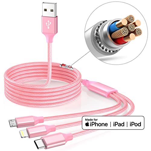 Multi Charging Cable 4ft 3Pack 3 in 1 Charger Cord, Multiple Rapid Cable | Nylon Braided Cable USB Charging Cable Multi Phone Charger Cord with Type C Micro Lightning for Apple iPhone17-5 Cell Phones - color: Pink-4ft