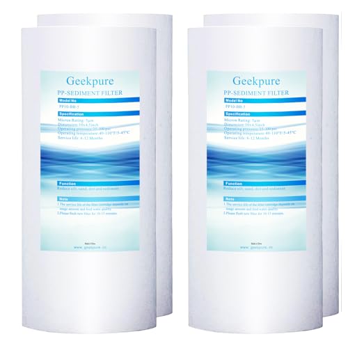 Geekpure 10 Inch Whole House PP Sediment Water Filter-4.5" x 10"-5 Micron | Polypropylene Sediment Replacement Cartridges-Pack of 4