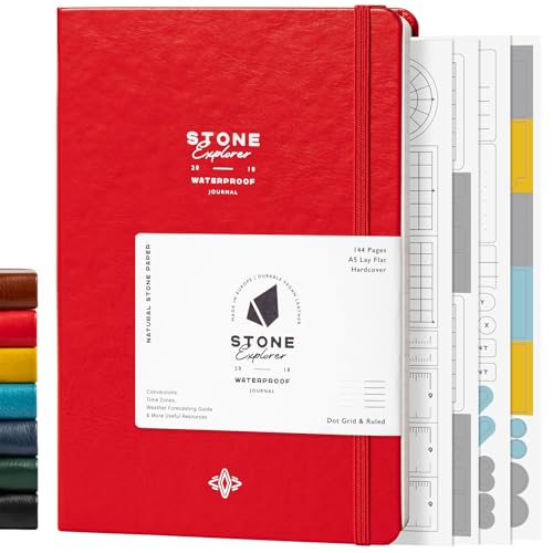 Stone Journal Explorer Notebook – A5 Waterproof Paper Field Journal, Vegan Leather Hardcover, 144 Pages Alternating Ruled & Dot Grid, Back Pocket, Weather-Resistant (Red) - color: Red
