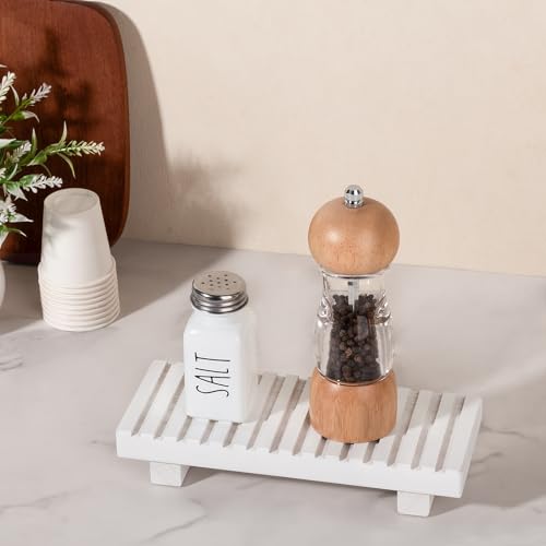 Bathroom Tray Rustic Farmhouse Decor Wood Stand, 8.6" * 3.6" White | Waterproof, Lightweight, Easy Clean, Wood Riser Kitchen soap holder Accessories for Office Desk, Vanity, Counter, Sink - color: White, size: 8.7" x 3.6" x 1.6"