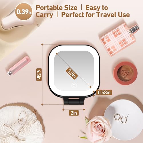 GOMIPURU Travel Mirror with Light, 1x/30x Magnifying Mirror with 3 Color Lights and Adjustable Brightness, 4.5x3.9 inch Small Compact Hangable Hand Pocket 3 Way Mirrors, Comes with Tweezer - color: Black