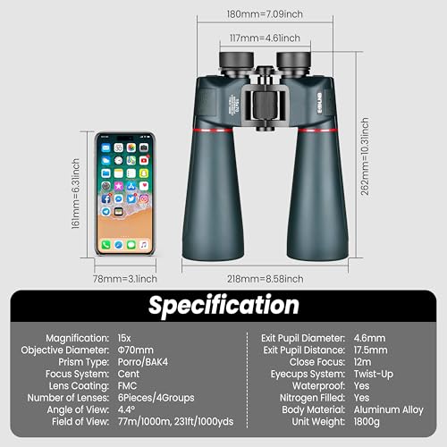 ESSLNB 15X70 Giant Binoculars Astronomy with Tripod Adapter and Carrying Bag FMC Waterproof Binoculars for Adults - color: 15x70
