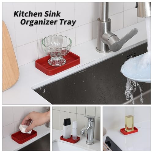 MicoYang Silicone Kitchen Sink Organizer Tray for Multiple Usage,Easy Clean Sponges Holder for Kitchen Bathroom Counter or Sink,Dish Soap Dispenser,Scrubber,Bottle,Cup Red 4.9”x 3.2” - color: Red, size: 4.9" x 3.2" x 0.7"