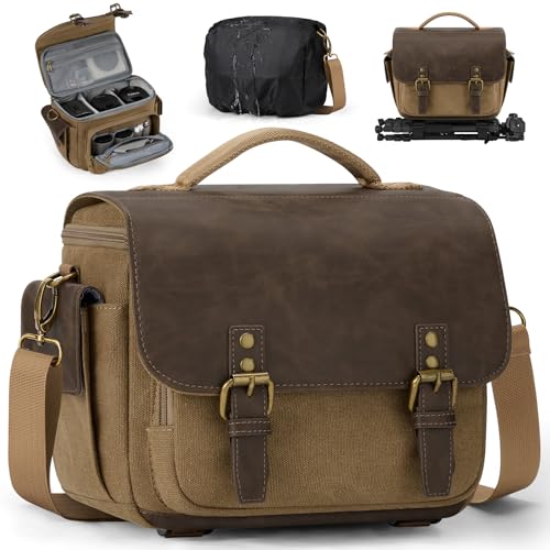 RAINSMORE Camera Bag, Vintage Canvas Camera Sling Bag Crossbody Camera Case - color: Khaki