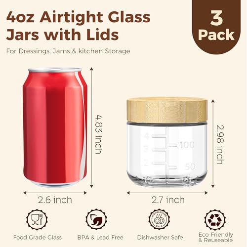 HomArtist 4oz Glass Salad Dressing Containers with Bamboo Lids - 3 Pack Small Airtight Condiment Cups, Leakproof Mini Sauce Jars for Picnic, Ketchup, Dip & Snacks, BPA-Free & Dishwasher Safe - color: 4oz - 3 Pack