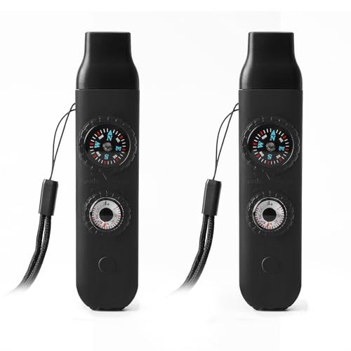 Emergency Survival Safety Whistle，Whistle for Kids with Lanyard,Compass,Thermometer,Ideal for Kayaking, Boating, Hiking, Camping, Climbing - color: Black 2pcs