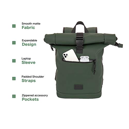 X RAY Roll Top Laptop Backpack for Men Women, PU Leather Expandable Roll Up Backpack Capacity Adjustable 22L & Fits 15.6" Laptop, Dark Olive - color: Dark Olive