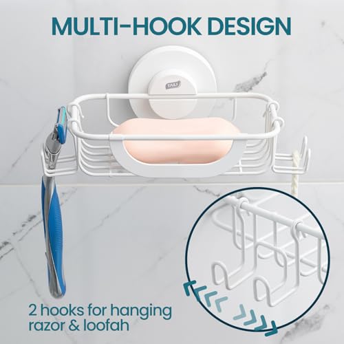 TAILI Soap Holder, Soap Dish Suction Cup with Hooks, Stainless Steel, White | Soap Dish for Shower, Bathroom Bar soap holder Shower Wall, Stainless Steel Sponge Holder for Tub Kitchen - color: White