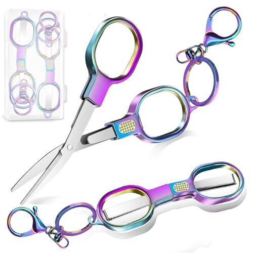 2 PCS Stainless Steel Mini Folding Scissors, Safety Pocket-Sized Multipurpose Scissors with Keychains for Travel, Home, Office, Crafts, Sewing & Nurse Accessories (Colored) - color: Colored