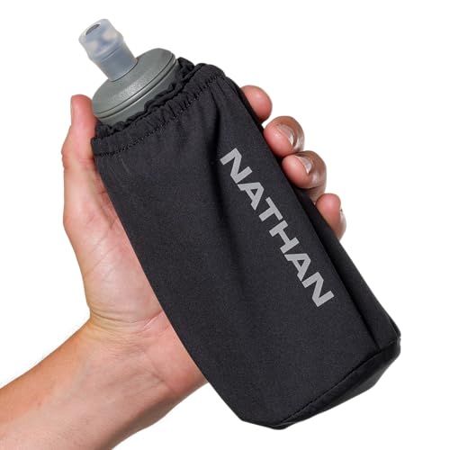 Nathan Handheld Soft Flask 18oz - Exo-Draw Insulated Collapsible Bottle - Grip-Free Strap & Rigid ExoSpine for Comfort/Support - Breathable Mesh Strap - Ideal Running/Hiking, Pinnacle, Black - color: Black, style: 18oz Insulated