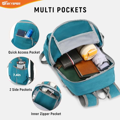 SKYSPER Anti Theft Hiking Backpack, 20L RFID Packable Travel Daypack, Lightweight Foldable Back Pack for Walking Daytrip - color: Cyan, size: Medium