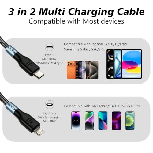 Awnuwuy 100W Multi Charge Cable for iPhone/Lightning/2 USB-C Ports, 6.6FT | Multi Charging Cable 100W, 6.6FT 3-in-2, Dual USB-C Charge Cables, One Lightning Cable, Nylon Braided Cord, iPhone/Samsung - size: 6.6FT