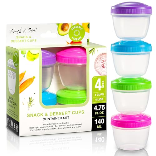 Snack Containers (4 Set) - 4.75 Oz Small Food Storage Cups with Lids - Fruit, Nuts, Sauce, Condiments & Salad Container for Lunch Box - Reusable Dessert Cups, Microwave & Freezer Friendly, BPA-free - color: 4.75 Ounce - Bright Colors