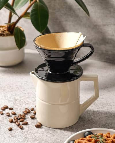 Pour Over Coffee Maker, Single Cup Ceramic Coffee Dripper, Reusable Filter Cone Drip Holder Slow Brewer with Hole Flat Bottom for Home, Office, Travel, Camping (Black) - color: Black