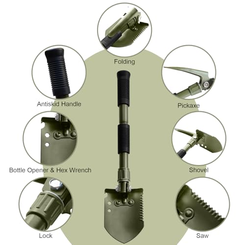 Folding Camping Shovel, Carbon Steel Multi-Tool Survival Shovel for Outdoor, Emergency, Hiking, Car Off-Road (Green) - color: Green