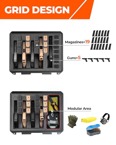 Pistol Case for Multiple Handguns, 3 Foam Types & Multiple Layout Available, Firearm Travel Carrying Case Fits Glock, Beretta, S&W, Waterproof Gun Box - color: Hold 5 Guns (4+1 Layout), size: Standard Foam