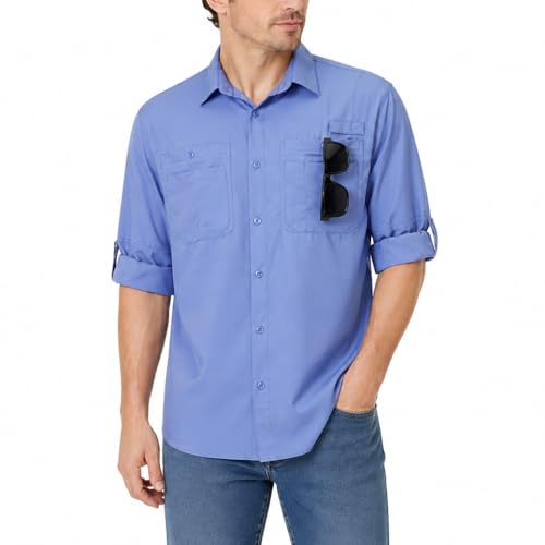 Ousafeve Men’s Fishing Shirts Long Sleeve Safari Button Down Shirts | Regular Fit, UPF 50+, Quick dry Cooling,Hiking, Safari, Travel Camping for Men - color: Light Blue, size: Small