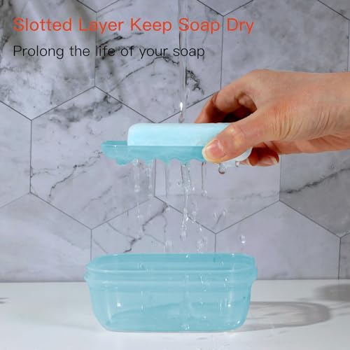 Quatish Leakproof Soap Dish with Lid & Draining Layer, Shatterproof Travel Bar Soap Holder Case Container, Portable Travel Size Toiletries Essentials for Camping, Gym, Bathroom, Clear Blue - color: Clearblue, size: Medium