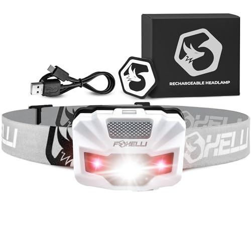 Foxelli USB‑C Rechargeable LED Headlamp – Ultra‑Light 2.4 oz & Bright 180 Lumens – Red/White Light, 5 Modes, IPX5 Waterproof, 40 h Runtime for Trail Running, Camping, Hiking - color: White