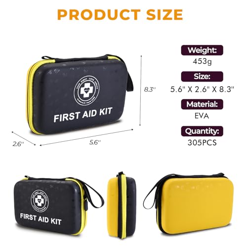 Premium First Aid Kit - 305 Piece Dual-Color Emergency Kit with Hard Shell & Fluorescent Interior Coating, Compact Survival Kit for Home, Car, Travel, Hiking & Outdoor (Black/Yellow) - color: Black/Yellow
