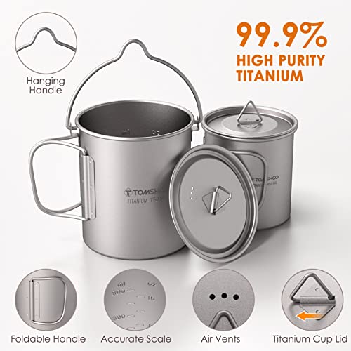 TOMSHOO 750ml Titanium Pot with Lid + 450ml Titanium Mug + Folding Spork | Camping Coffee Cup with Foldable Handle, Backpacking Cup for Hiking Travelling Camping Open Fire - size: 750 mL Pot + 450 mL Cup + Spork