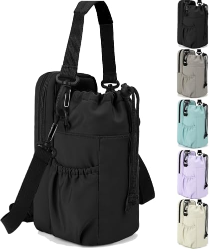 Water Bottle Holder with Strap, 32/40oz Insulation Water Bottle Carrier Bag with Phone Pocket, Water Bottle Sling Bag Crossbody Water Bottle Holder for Hiking Walking - color: Black