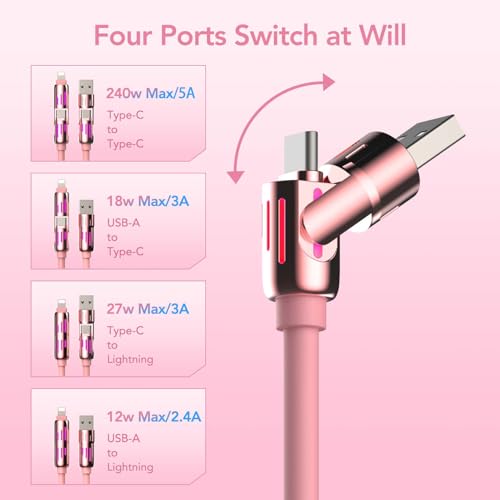 MFish 240W 4-in-1 Fast Charging Cable, Pink, 6.6FT | Carrying Case, USB-A & USB-C to USB-C/Lightning, For iPhone 17/16/15/14, MacBook, iPad, Laptop, Samsung S25/S24 - color: Pink, size: 6.6Ft