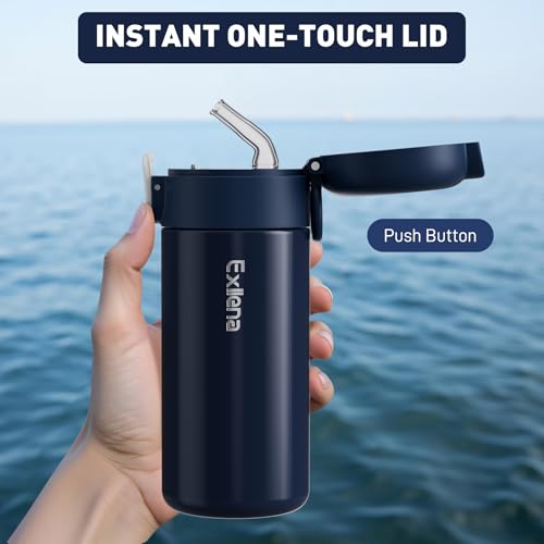 Exllena 10oz Small Insulated Water Bottle with One-Touch Soft Straw Lid, Double-Wall Vacuum Small Travel Water Bottle for Cold&Hot Drinks–Leak-Proof, Mini Flask for Handbag,Sport(Navy Blue) - color: Navy Blue