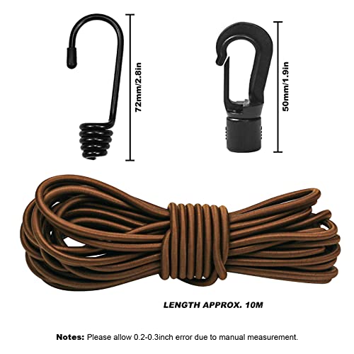 1/4" Bungee Shock Cords with Hooks, 32 Feet Elastic Nylon Cords Kayak Stretch String Rope for Bikes, Tie Downs, Boating, Camping, Cars, Fitness,Outdoor Enthusiasts(1/4 inch x 32 Ft, Brown) - size: 1/4 inch x 32 Ft, Brown
