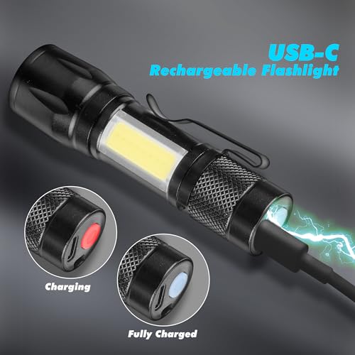 KunHe 4 Pack Rechargeable Flashlights Zoomable mini Small Bright Clip-On Light EDC Flash Light with Side COB Light for Camping Home Emergency - size: 4 Pack