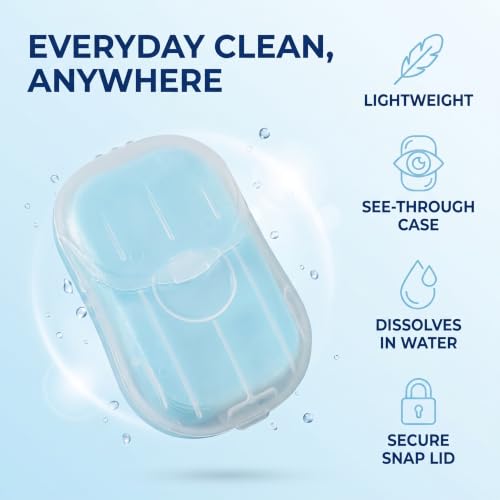 50Pcs Blue Portable Soap Sheets, Mini Portable Travel Soap Paper Sheets Disposable Water Soluble Hand Washing Bath Scented Paper Camping and Shampoo for Outdoor, Camping Hiking Personal Care