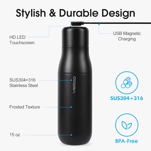 VSITOO S1 15oz Mini Insulated Stainless Steel Self-Cleaning Water Bottle | Mini 15oz Insulated Bottle for Purses & School Bags, With Auto Self-Cleaning, Touchscreen, 30-Day Battery & 24H Cold - color: Black, size: 14.8 Ounces