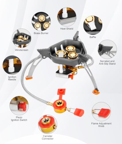 WADEO 7200W Windproof Camp Stove, Camping Gas Stove with Piezo Ignition | Backpacking Stove, Portable Camping Stove for Outdoor Camping, Backpacking, with Two Fuel Canister Adapter, Carry Case