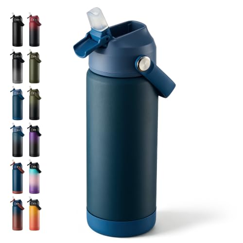 Fijinhom 18 oz Insulated Water Bottle with Straw Lid, Stainless Steel Water Bottles, Double Wall Vacuum, Portable Handle & Non-slip Bottom, BPA Free Leak Proof Metal Bottles, Keep Cold 24H, Dark Blue - color: Deep Blue, size: 18 Ounces