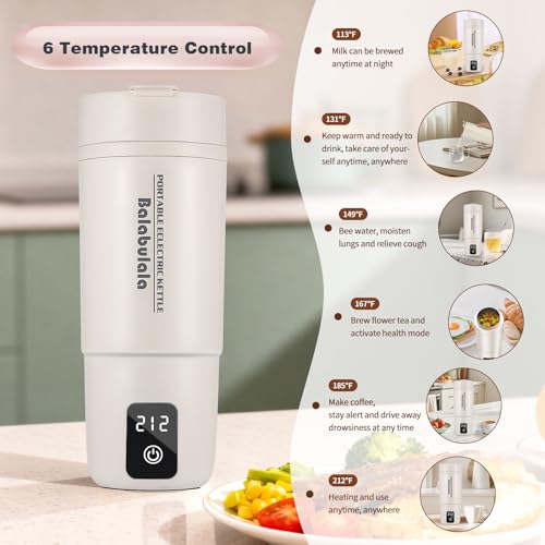 Travel Electric Kettle, Balabulala Portable Water Boiler with 6 Variable Presets,Small Electric Kettle with Keep Warm Temperature Controls & Boil Dry Protection, 14oz,White - color: White