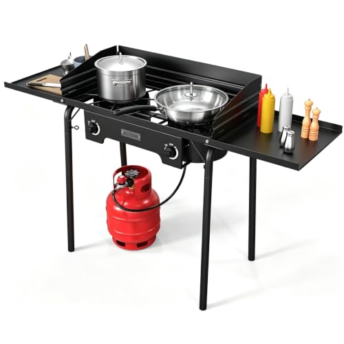 ROVSUN 2 Burner Outdoor Camping Stove with Wind Panel & Shelves, Heavy Sturdy Propane Burner, Gas Cooker with Detachable Legs & CSA Regulator for Home Camp Paito Cooking Frying Canning - style: 2-Burner (shelves)