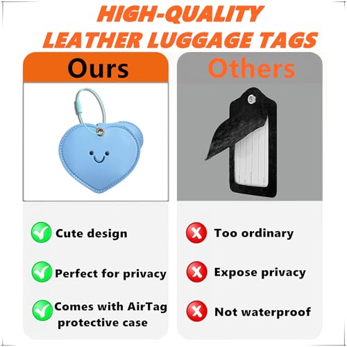 PU Leather Luggage Tag with Airtag Holder Case Set and Name ID Label - color: Blue Heart