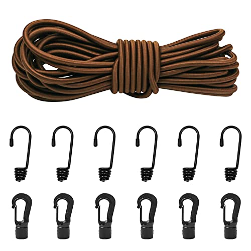 1/4" Bungee Shock Cords with Hooks, 32 Feet Elastic Nylon Cords Kayak Stretch String Rope for Bikes, Tie Downs, Boating, Camping, Cars, Fitness,Outdoor Enthusiasts(1/4 inch x 32 Ft, Brown) - size: 1/4 inch x 32 Ft, Brown