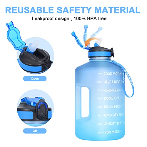 SLUXKE 1 Gallon Motivational Sports Water Bottle with Time Marker, BPA Free 128oz Leak Proof Jug, Black, Plastic, 128 ounces, Fitness, Sports, Outdoor Activities - color: Blue Blue
